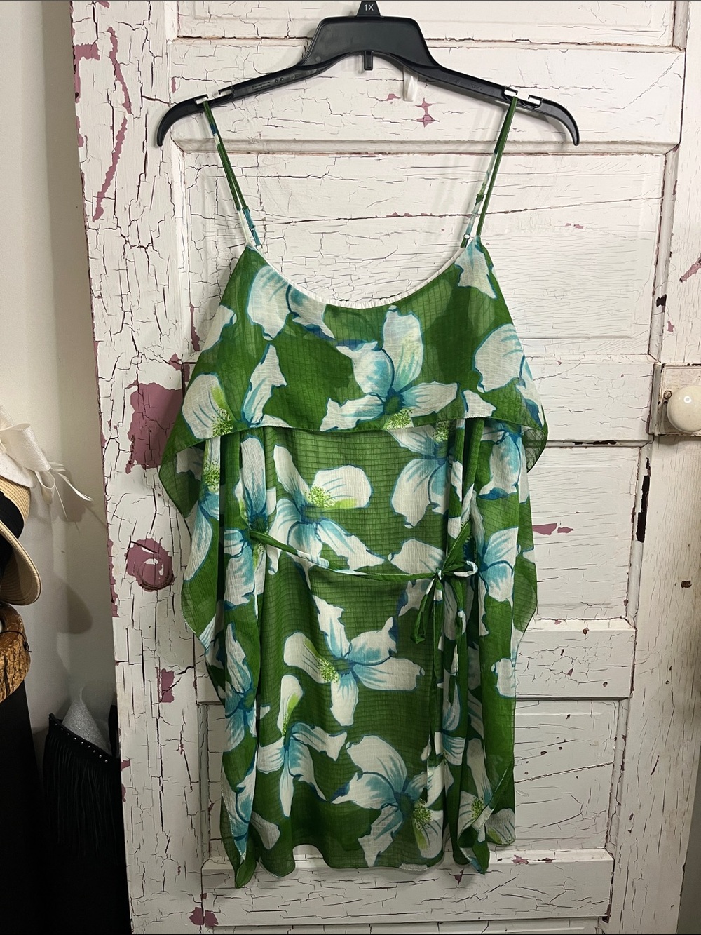 Max Studio Green Floral Tiered Mini Dress with White and Aqua Blooms Belted Sz M
